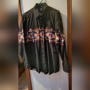Panhandle Slim Black Dress Shirt with Geometric Chest Design